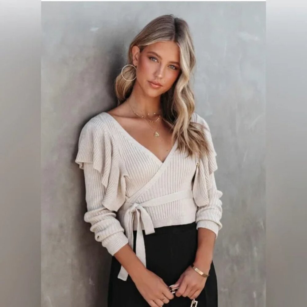 VICI Myra Knit Ruffle Sweater Top Wool Blend in Beige SzM 56